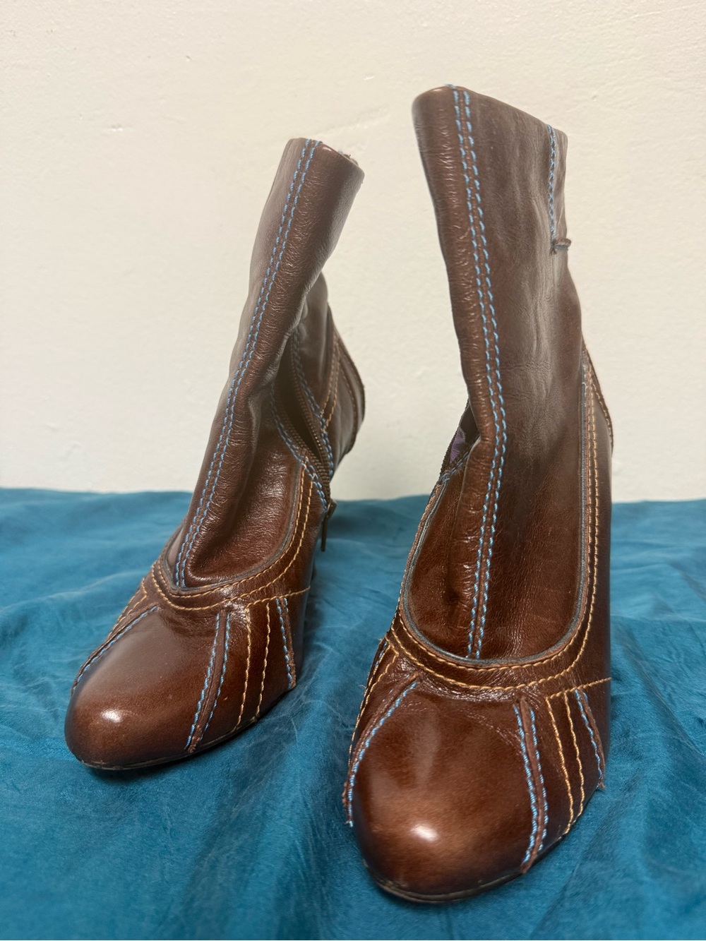 kenzie wedge Brown Leather Heeled Boots with Blue Stitching